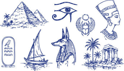 Ancient Egypt Vector Set with Pyramids, Eye of Horus, Anubis, Nefertiti, Scarab and Nile Icons © Levin