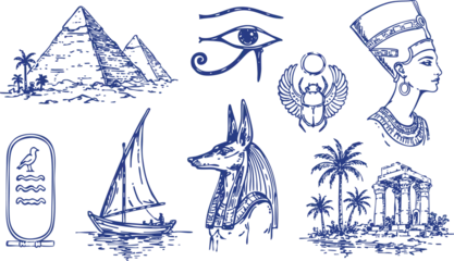 Ancient Egypt Vector Set with Pyramids, Eye of Horus, Anubis, Nefertiti, Scarab and Nile Icons © Levin