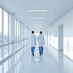 Fototapeta premium Two medical professionals walking down bright hospital hallway together