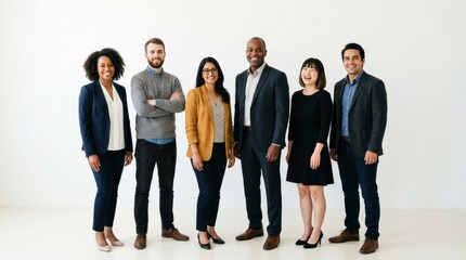 Fototapeta premium Diverse group of six people standing together, isolated on white background