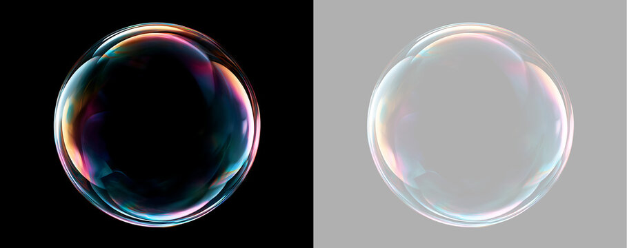 Soap bubble with soft iridescent reflections isolated on black and transparent background. Delicate rainbow sphere. Realistic design element for various applications
