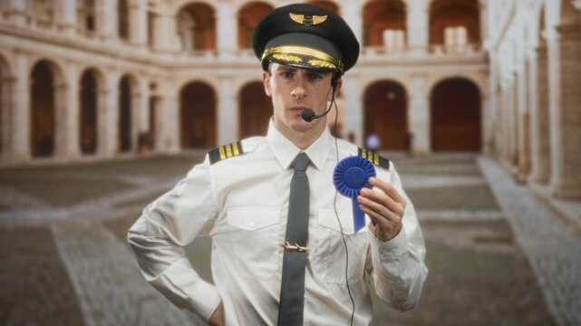 Man pilot in uniform with headset and epaulets holds a blue first place ribbon in his hand and points index finger forward inside a building courtyard; pride.