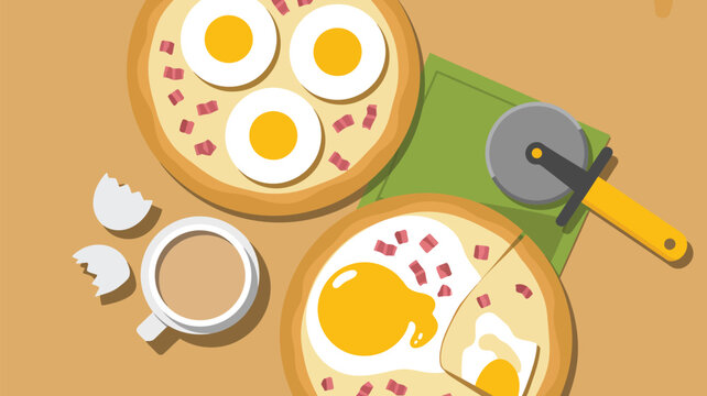 Overhead view of breakfast pizza with sunny side up eggs and bacon bits