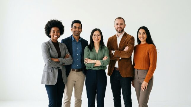 Diverse group of five people standing together, isolated on white background
