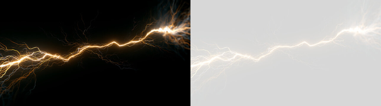 High voltage electrical arc stretching horizontally. Orange and white lightning strike on black and transparent background. Dynamic energy flash