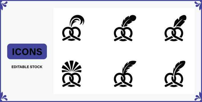 Set of traditional pretzel and featherdecorated vector icons for Bavarian celebration designs and Oktoberfest events representing cultural festive motifs