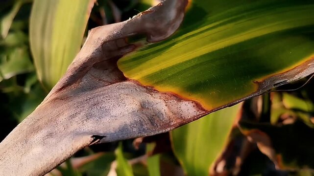 Macro close angle shot of a damaged green leaf showing a yellow margin and brown decay shaking gently in warm lighting.