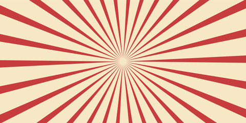 Obraz premium Red sunburst lines on yellow Background. Light sun rays pattern. Vintage stripes halftone radial wallpaper for poster, banner, advertising backdrop, comic or circus scene.