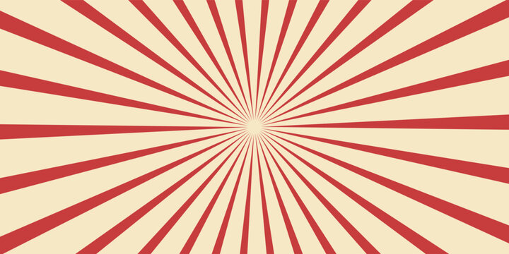 Red sunburst lines on yellow Background. Light sun rays pattern. Vintage stripes halftone radial wallpaper for poster, banner, advertising backdrop, comic or circus scene.