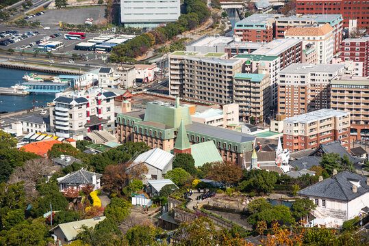 Overhead view of Oura Church and Minamiyamate district in Nagasaki showing historical buildings and city layout