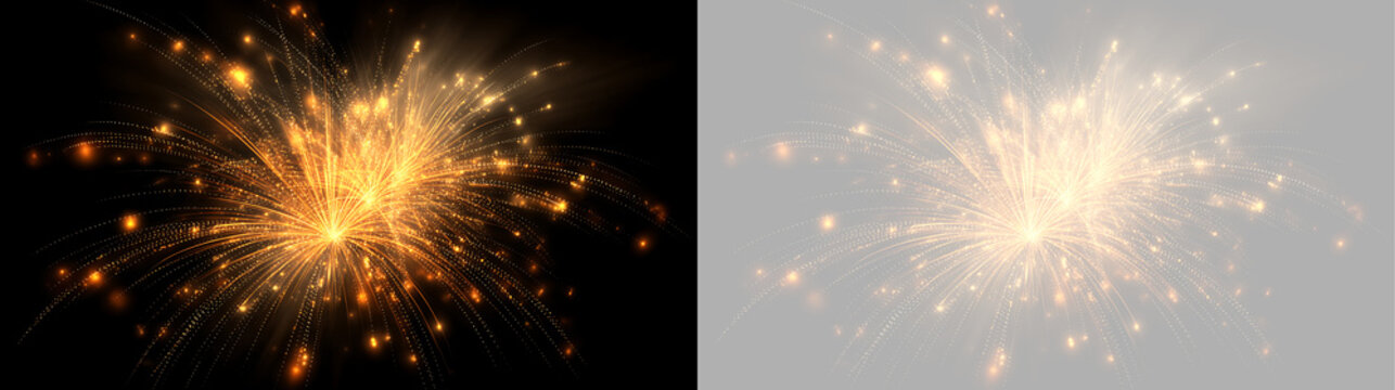 Large golden firework burst on black and transparent background. Central festive light explosion for celebration. Glowing pyrotechnics display element