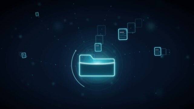 Glowing neon digital folder organizing floating document files in dark cyberspace