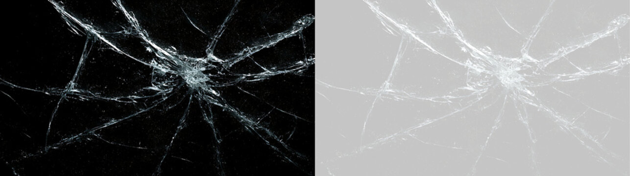 Central glass impact with radial spiderweb cracks. Shattered window texture on black and transparent background. Realistic broken screen overlay