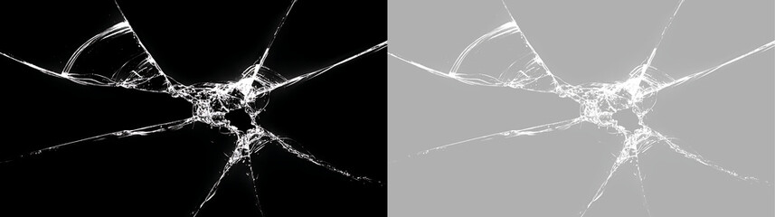 Realistic glass bullet hole with radiating cracks on black and transparent background. Shattered window impact. Broken screen texture overlay © Тетяна Миргородська
