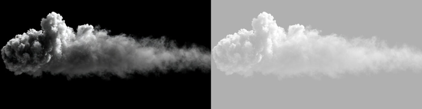 Dense white cloud head with long smoke trail. Isolated on black and transparent background. Realistic vapor or exhaust element