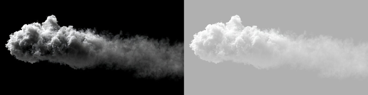 Thick horizontal white smoke plume. Isolated cloud on black and transparent background. Realistic steam or vapor texture for design