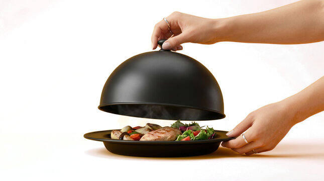 A person serves a delicious meal with a covered dish indoors.