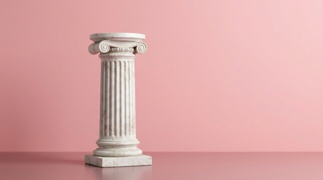A white column stands on a pink surface against a pink wall.