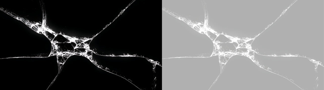 Shattered glass with radiating cracks isolated on black and transparent background. Broken window impact effect. Realistic cracked screen texture