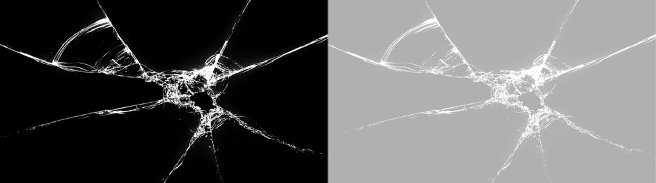 Realistic glass bullet hole with radiating cracks on black and transparent background. Shattered window impact. Broken screen texture overlay