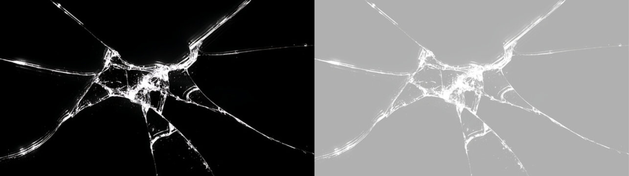 Wide shattered glass pattern with long cracks on black and transparent background. Broken window or windshield effect. Realistic cracked texture overlay