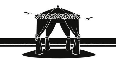 Wedding gazebo stands on a sandy beach shore overlooking the ocean. © Maulidaa
