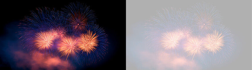 Obraz premium Red and blue fireworks display on black background. Vibrant pyrotechnic explosions with smoke. Festive celebration background