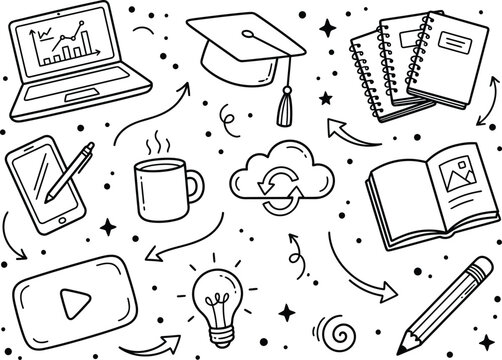 Doodle style illustrations of education and learning concepts including laptop computer graduation cap notebooks smartphone coffee mug cloud light bulb and books on a transparent background for busine