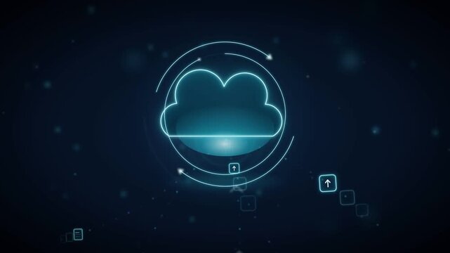 Glowing neon cloud computing animation with digital files uploading in cyberspace