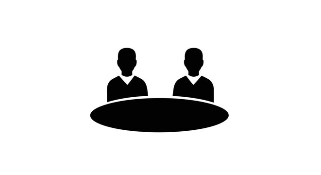 Business meeting icon depicts two professionals sitting at a round table to discuss corporate strategy.