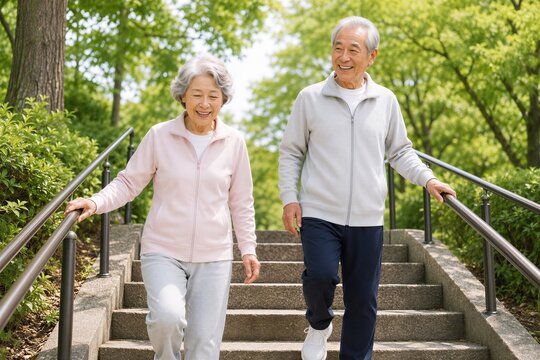 手すりを使って屋外の階段を安全に降りる日本人シニア夫婦