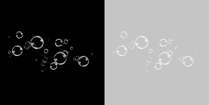 Transparent bubbles of various sizes floating. Realistic soap water air bubbles isolated on black and transparent background. Liquid foam overlay elements