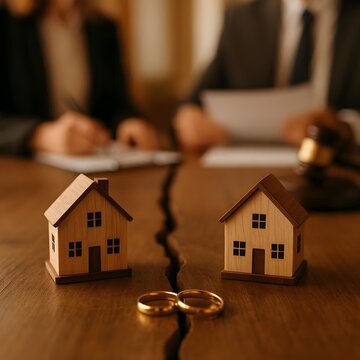 Wooden House Models Split on Cracked Table with Wedding Rings for Divorce Court Asset Division and Real Estate Legal Concept