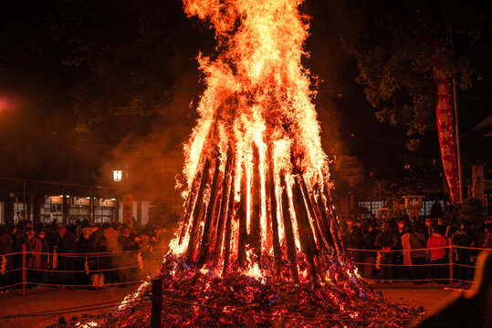 Fire ceremony at Ytoku Inari Shrine marks renewal and the removal of misfortune in Kashima, Japan during the evening celebration