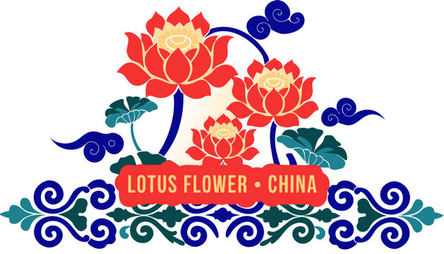 Very beautiful realistic vector illustration of a graceful LOTUS FLOWER CARPET MOTIF featuring a bold decorative label reading "LOTUS FLOWER &bull; CHINA", blooming lotus blossoms, elegant leaves, flowing 