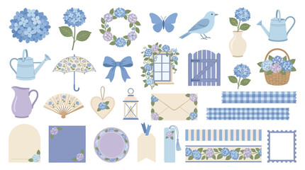 Fototapeta premium Charming Blue Hydrangea Elements for Scrapbooking and Design.