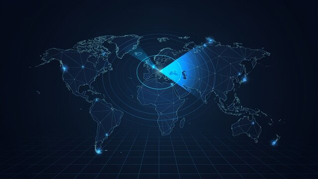 Futuristic global radar screen HUD interface with blue scanning sonar sweep and digital world map