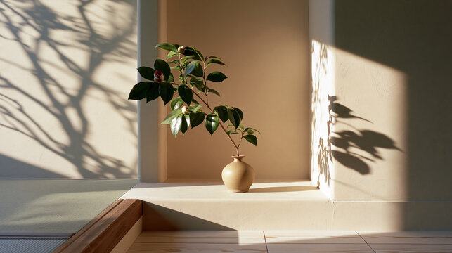 minimal serene interior with camellia vase and morning shadows
