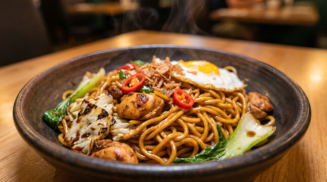 Close-up of authentic Indonesian mie goreng highlighting glossy noodles and rich textures, ideal for restaurant branding, menus, food packaging, and advertising.