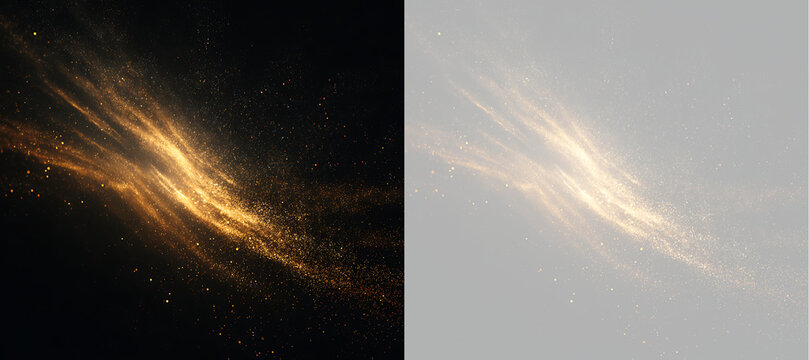 Golden glitter dust trail with sparkling particles. Shimmering light effect on black and transparent background. Magic glow motion design element for banner and poster. Copy space for text