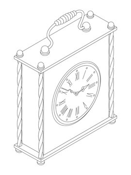 Vintage carriage clock - hand drawn isometric black and white vector illustration.
