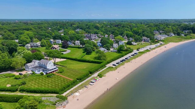 Barrington Beach aerial view at the Providence River mouth to Narragansett Bay, in town of Barrington, Rhode Island RI, USA. 