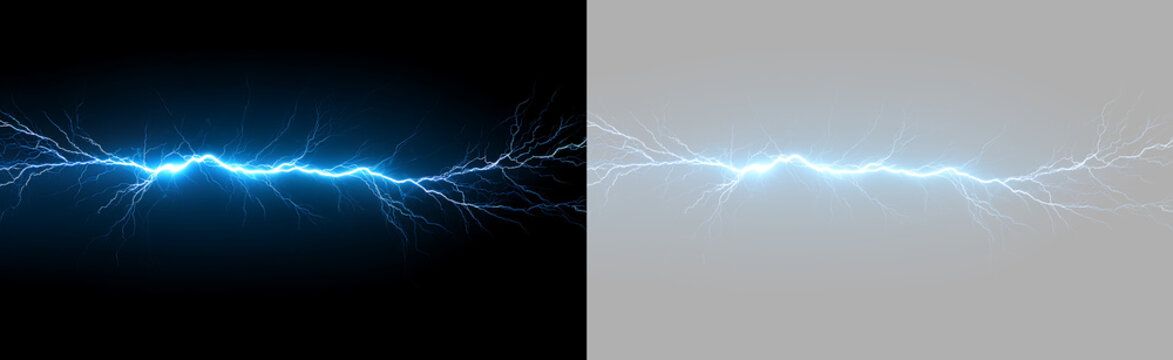 Blue lightning bolt with electric discharge and branching tendrils. Horizontal energy strike on black and transparent background. Powerful electrical spark effect