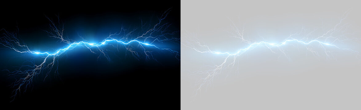 Intense blue lightning strike with multiple bright nodes. Electrical discharge overlay on black and transparent background. High voltage spark effect