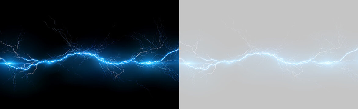 Wavy blue lightning strike with branching electrical tendrils. Horizontal energy discharge on black and transparent background. Electric spark effect for design