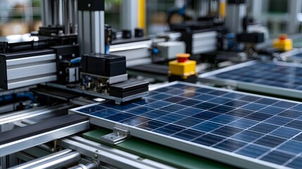 Fototapeta premium Solar panels being assembled on an automated production line inside a modern manufacturing facility