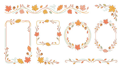 Set of autumn decorative elements including borders, frames, and corners with maple leaves, oak leaves, acorns, and berries. © Pink