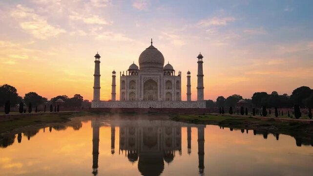 View of Taj Mahal in Agra at sunrise with reflections in water and trees around the UNESCO site