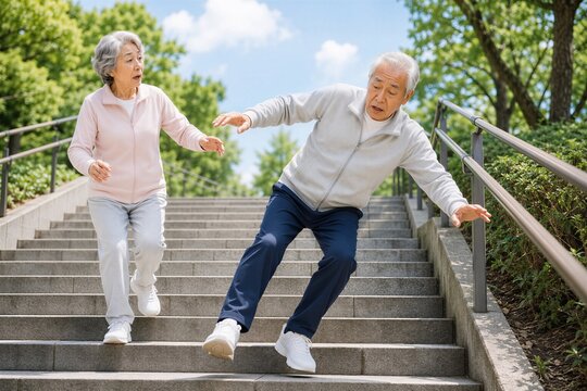 屋外の階段で滑りそうになる日本人高齢男性と驚く高齢男性