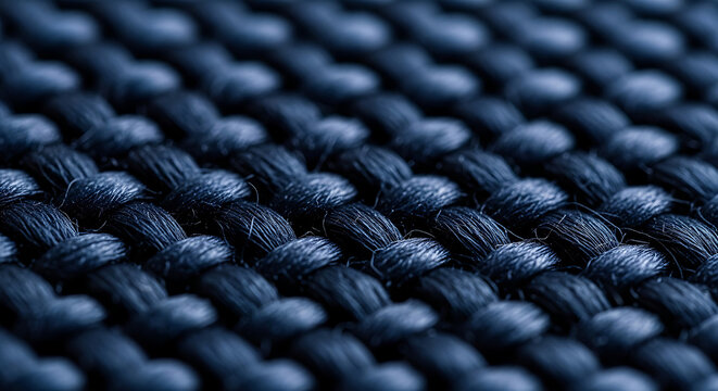 Abstract macro texture of a woven blue fabric showing detailed interlaced material fibers